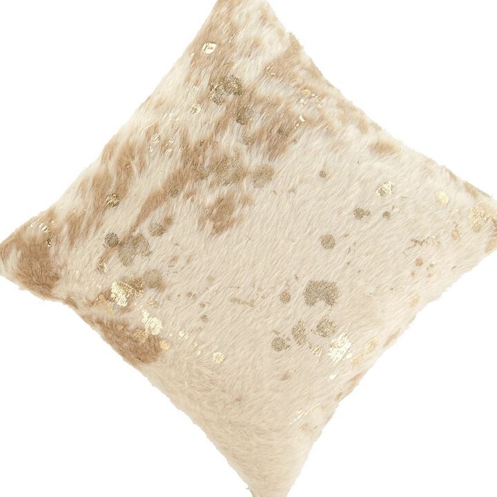 Faux Fur Pillow with Zipper Closure, Set of 4, Cream and Gold-Benzara