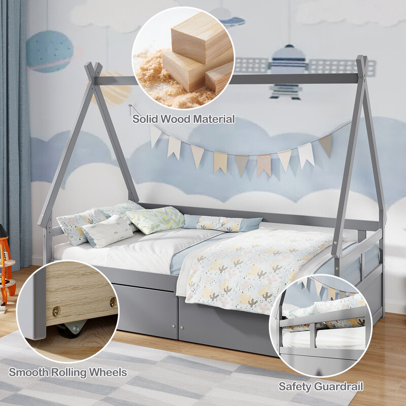House Bed with Roof and Safety Guardrail