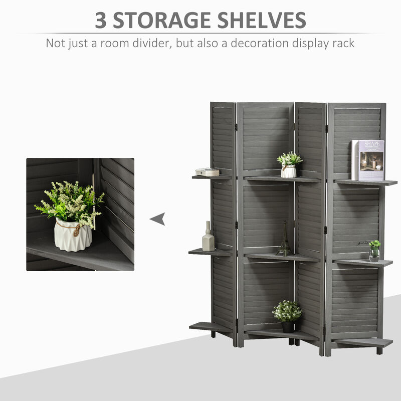 Wood Mobile Folding Privacy Screen Partition Wall Room Divider w/ Shelves Grey