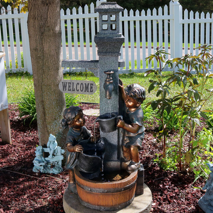 Sunnydaze Children Playing at Faucet Water Fountain with LED Lights - 40 in