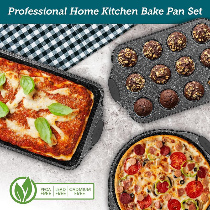 BAKKEN 8-Piece Kitchen Oven Baking Pans Set - Deluxe Nonstick Gray Marble Coating, Professional Grade Carbon Steel Bakeware with Silicone Handles - Oven, Dishwasher, and Freezer Safe