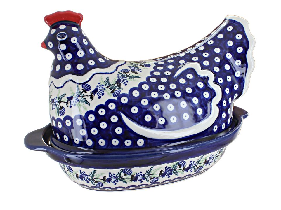 Blue Rose Polish Pottery Seaside Swirl Hen Baker