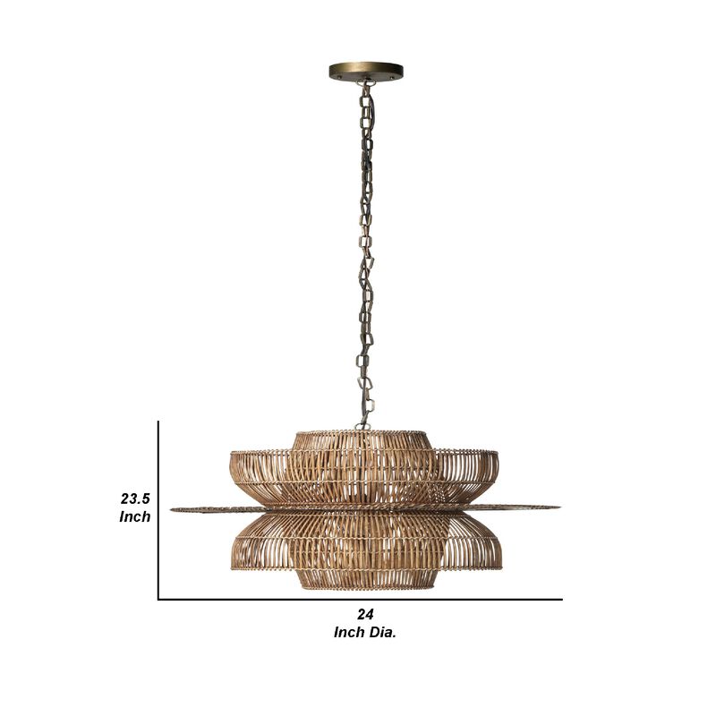 24 Inch Rattan Pendant Chandelier, Natural Brown, Brass-Benzara