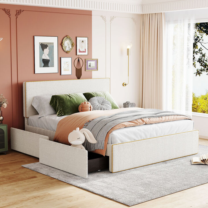 Streamdale White Upholstered Platform Bed with 4 Drawers and Golden Edge