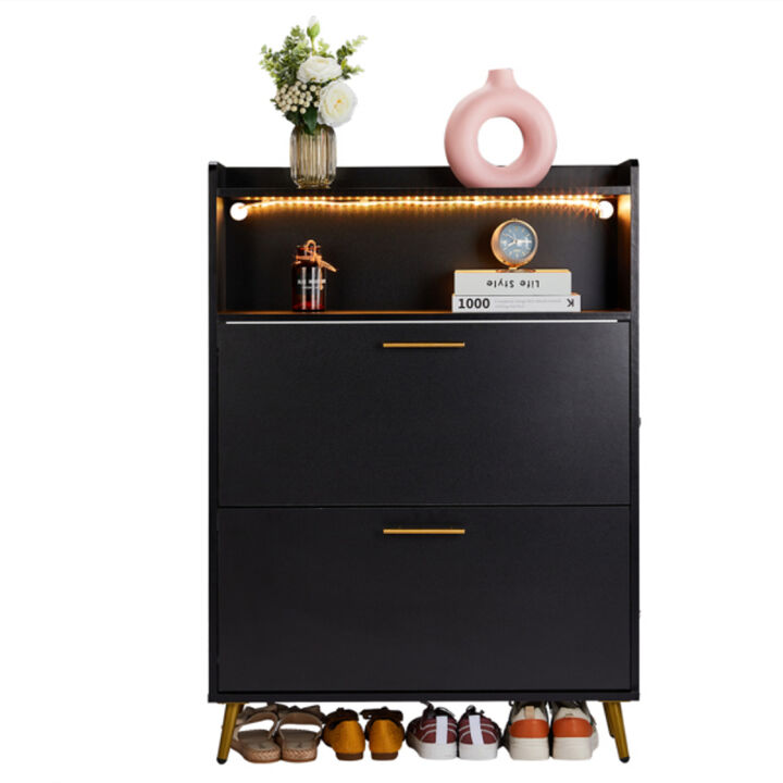 Shoe Storage Cabinet with Double Doors, 6-Tier Shelves & Built-in LED Lights for Entryway