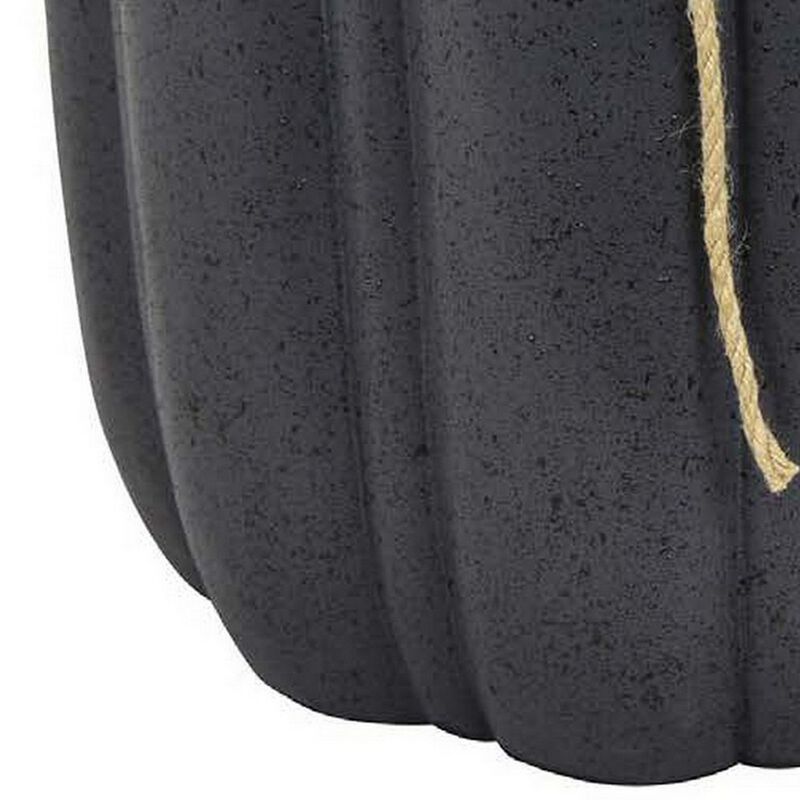 Rave 17 Inch Planter, Pumpkin Like Shape and Rope Details, Black Resin - Benzara