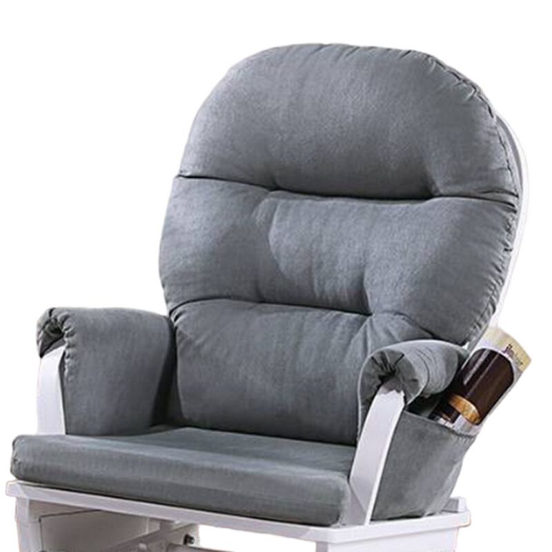 Noni Glider Manual Recliner Chair with Ottoman, White Wood, Gray - Benzara
