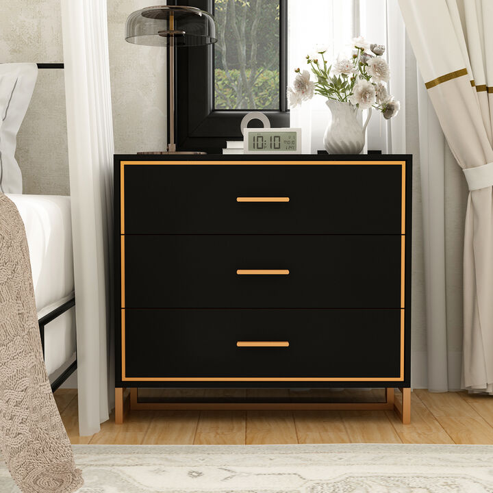 FUFU&GAGA Modern Black 3-Drawer Dresser with Gold Trim, Metal Handles & Base – Stylish Storage Cabinet for Bedroom(31.5"W x 15.7"D x 28.7"H),Black