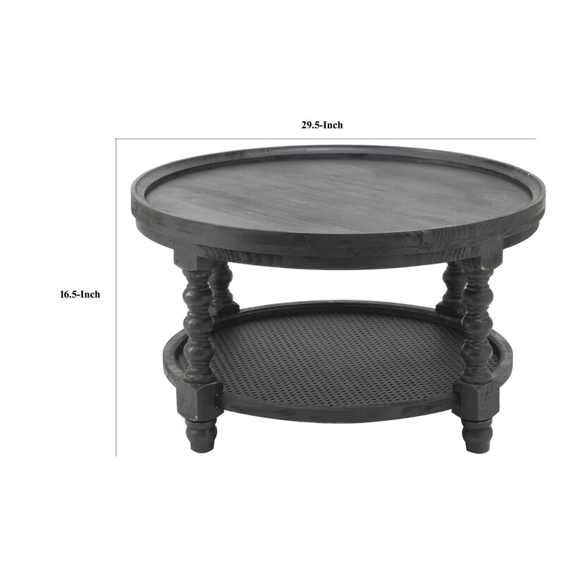 Jake 30 Inch Coffee Table, Fir Wood, Lower Tier Woven Wicker Shelf, Black-Benzara