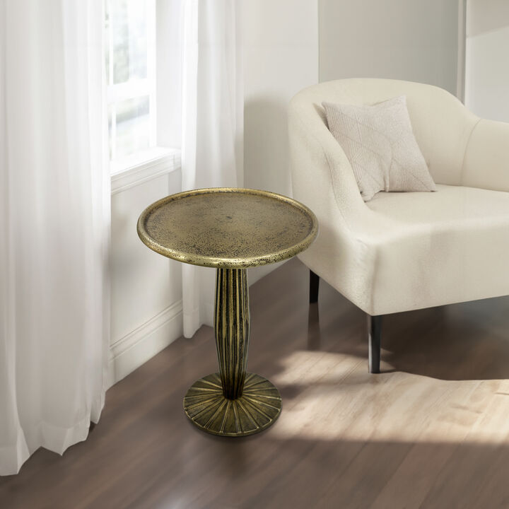 12 Inch Side End Drink Table, Fancy Fluted Base, Round Top, Antique Brass