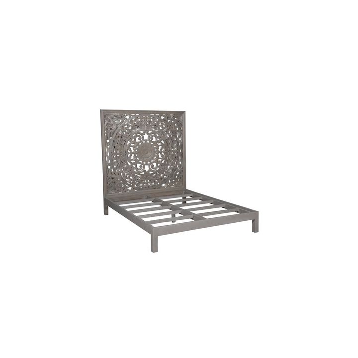 Porter Designs Mandala Hand Carved Motif Queen Bed, Gray