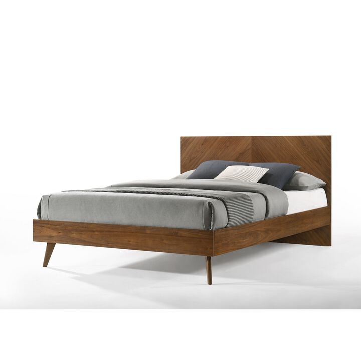 Nova Rem King Size Platform Bed, Chevron Pattern Headboard, Walnut Brown - Benzara