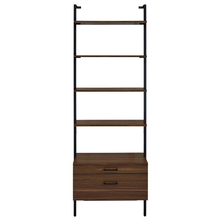 Wens Wall Mounted Bookcase Unit, 4 Shelves, 2 Drawers, Black Brown - Benzara