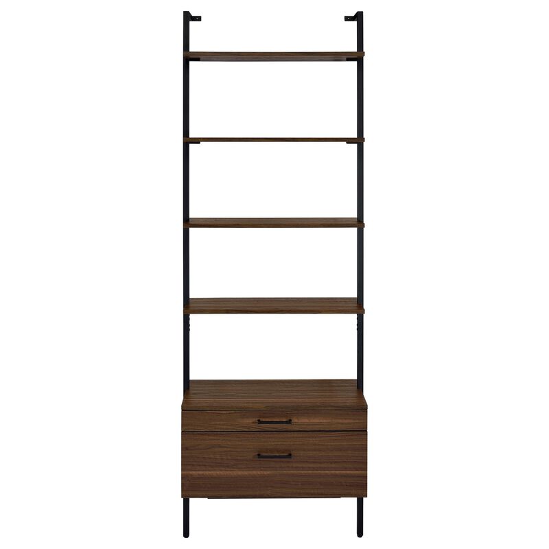 Wens Wall Mounted Bookcase Unit, 4 Shelves, 2 Drawers, Black Brown - Benzara