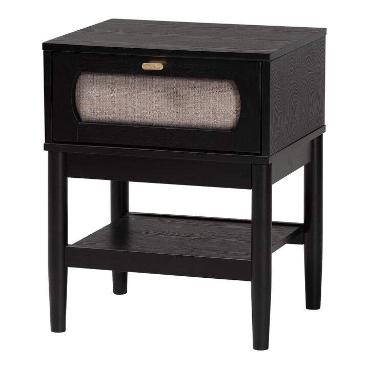 Baxton Studio Shirin Mid Century Beige Fabric and Black Wood 1 Drawer Nightstand
