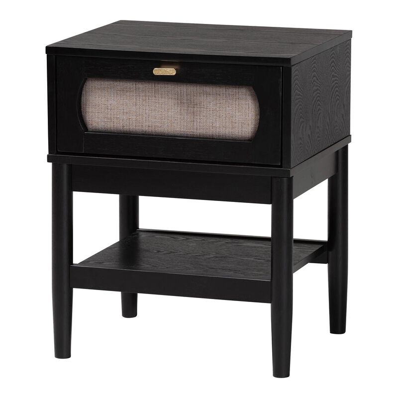 Baxton Studio Shirin Mid Century Beige Fabric and Black Wood 1 Drawer Nightstand