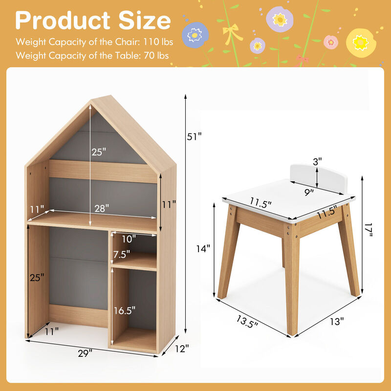 2-in-1 Kids House-Shaped Table and Chair Set-Grey