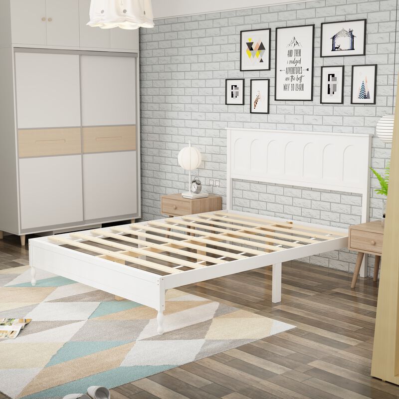 FUFU&GAGA Modern White Rubberwood Bed with Slats, 800 lbs Weight Capacity (81.7" L x 43.7" H x 60.2" W), White