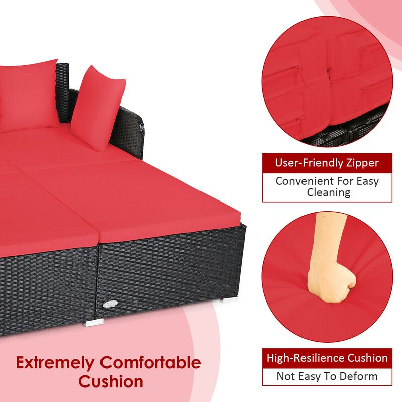 Spacious Outdoor Rattan Daybed with Upholstered Cushions and Pillows