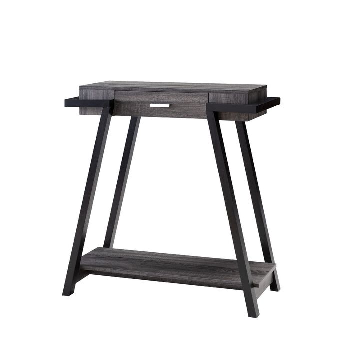 Wooden Console Table with Angled Leg Support and Drawer,Black and Gray-Benzara