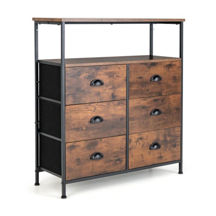 Hivvago 2-Tier Storage Chest with Wooden Top and 6 Fabric Drawers-Rustic Brown