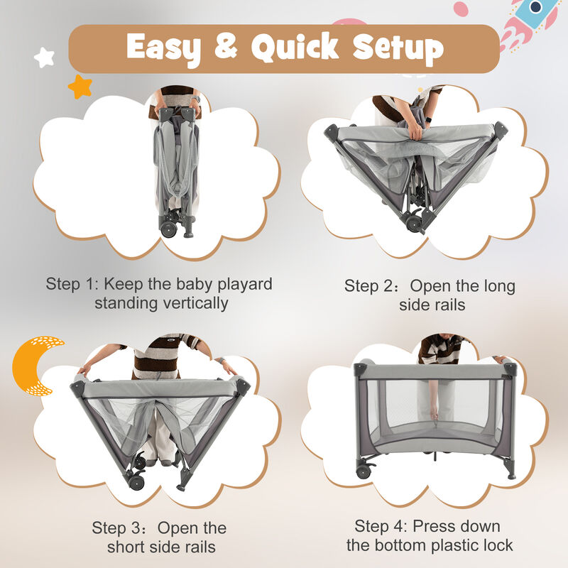 5-in-1 Portable Baby Playard with Cradle and Storage Basket-Gray