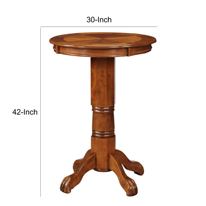 Ava 42 Inch Wood Pub Bar Table, Sunburst Design, Carved Pedestal, Walnut-Benzara