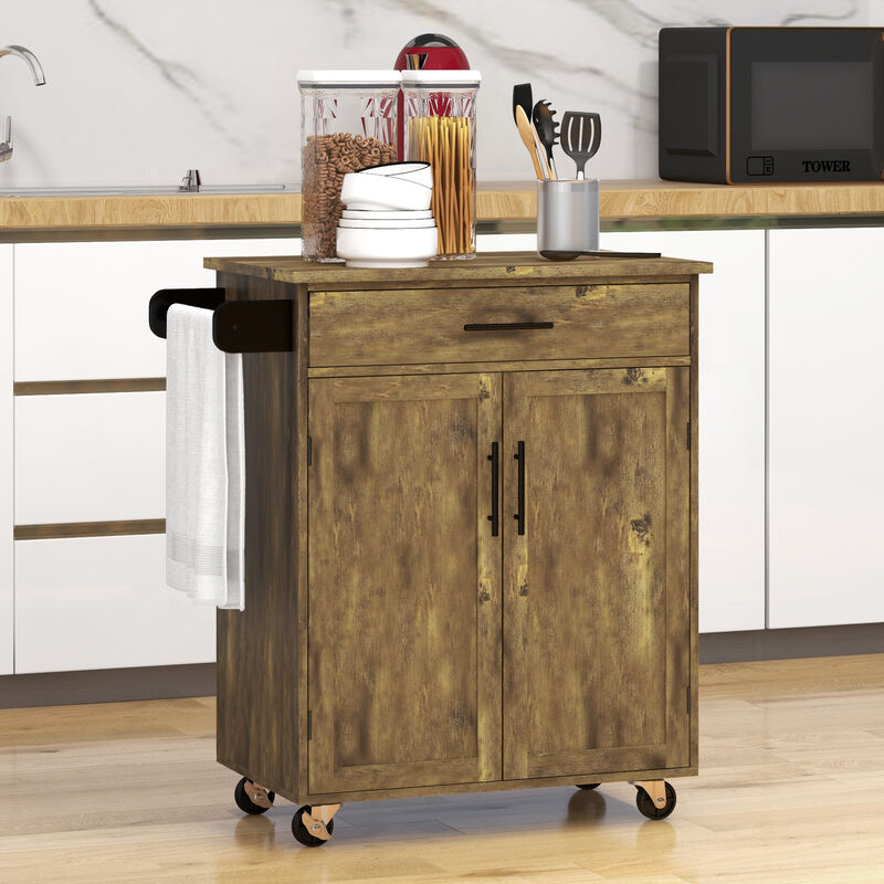 Wooden Indoor Moving Microwave Cart with Interior Cabinet & Towel Rack