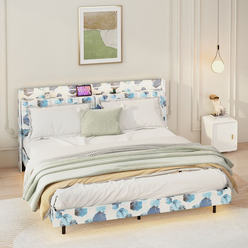 MONDAWE Queen Floating Bed Frame with LED Light and Charging Station with Headboard and Hidden Storage Space