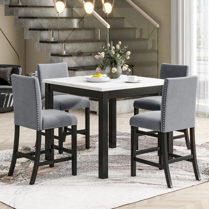 5-Piece Grey Dining Set: Faux Marble Table, 4 Velvet Chairs