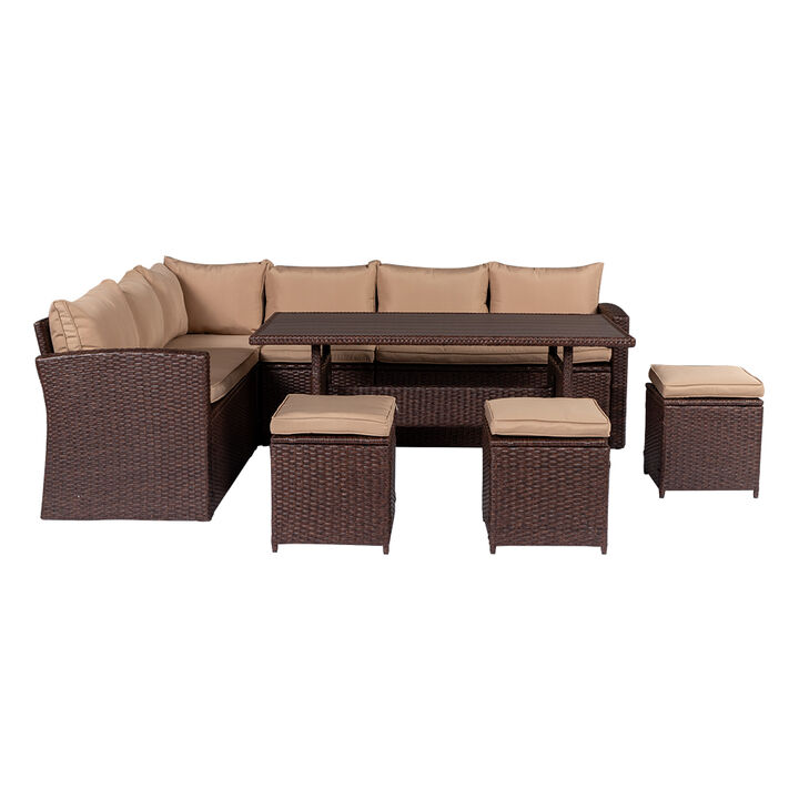 8-Piece Outdoor Rattan Dining Set, Wood Grain with Khaki Cushions