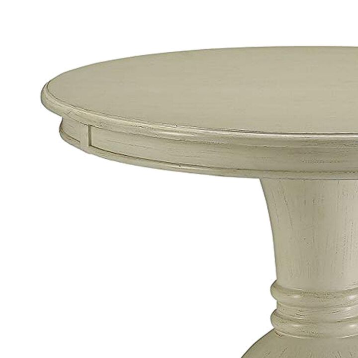 Wooden Accent Table with Pedestal Base, Antique White-Benzara
