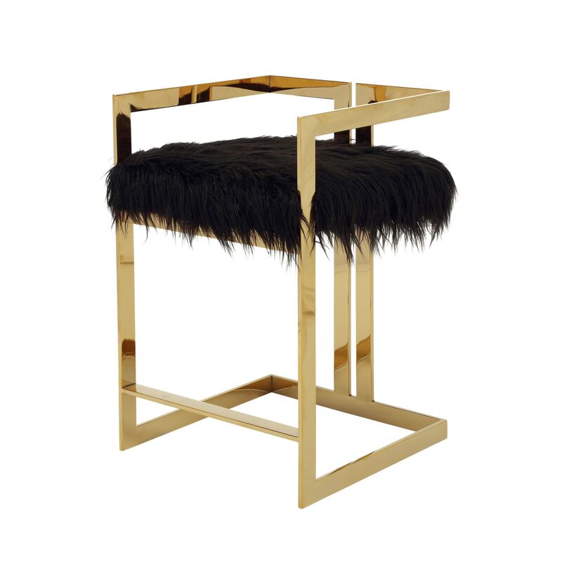Suki 26 Inch Barstool Chair, Black Faux Fur Seat, Stainless Steel, Gold - Benzara