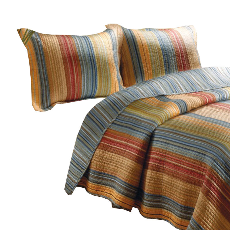 Huascaran 3 Piece Fabric King Size Quilt Set with Channel Stitching, Multicolor - Benzara