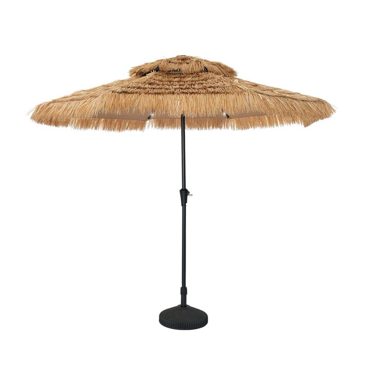 Mondawe 9 ft Hawaiian Crank Design 2 Tier Straw Patio Umbrella with LED Light & Round Based