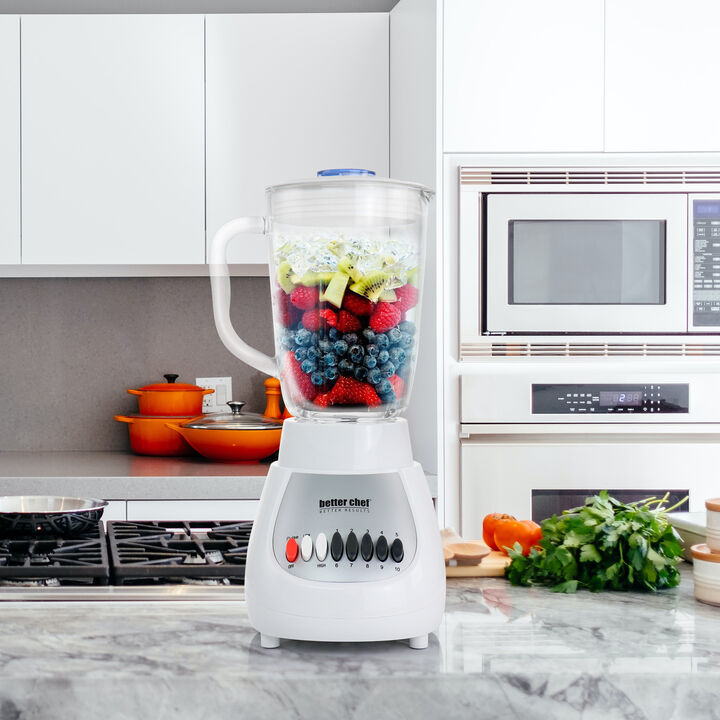 Better Chef 10-Speed 350 Watt 42 Ounce Glass Jar Blender in White/Silver