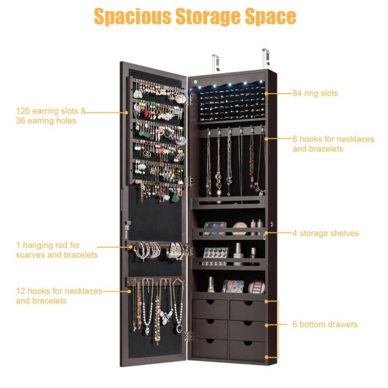Hivvago Lockable Wall Mount Mirrored Jewelry Cabinet with LED Lights