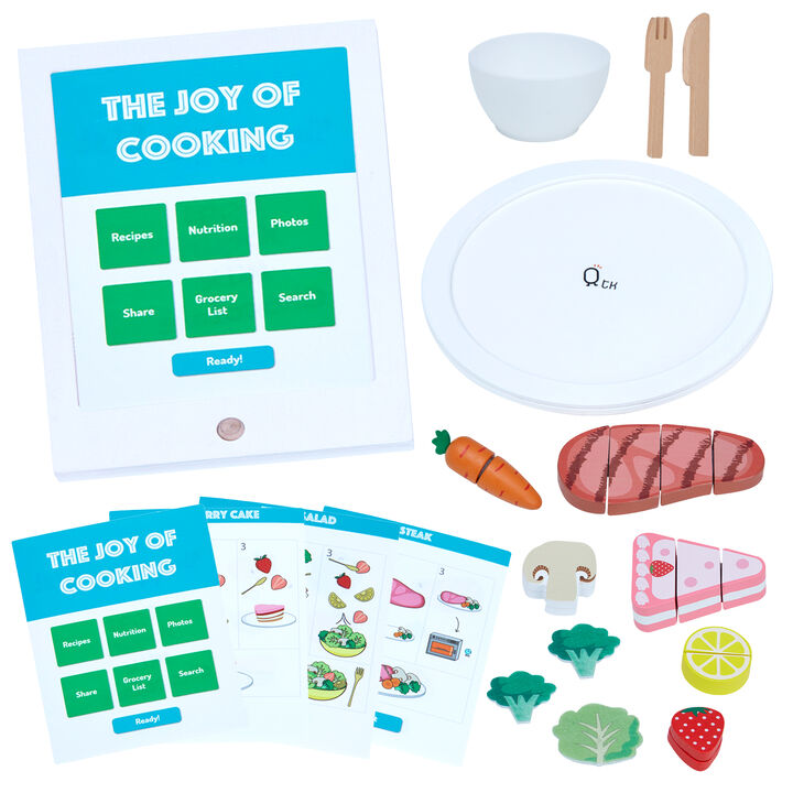 Teamson Kids - Little Chef Frankfurt Wooden Cutting food with Tablet and 3 recipes play kitchen accessories - Green- 27 pcs