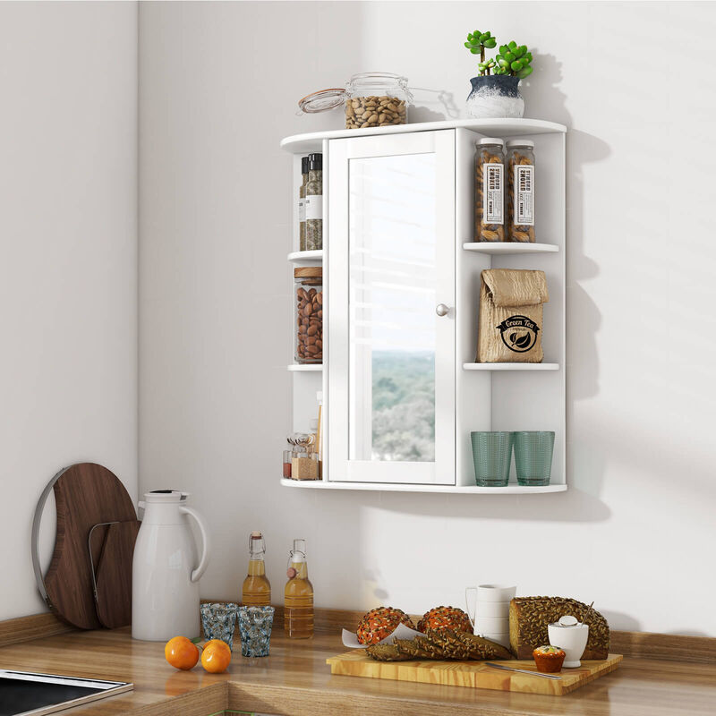 Costway Bathroom Cabinet Single Door Shelves Wall Mount Cabinet with Mirror White