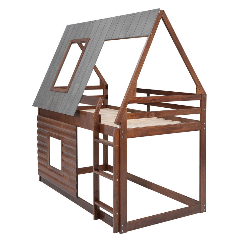 Merax House Bunk Bed with Roof and Ladder