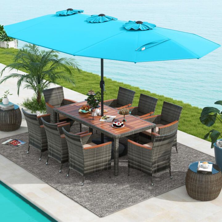 Hivvago 10 Pieces Patio Wicker Dining Set with 15 Feet Double-Sided Patio Umbrella