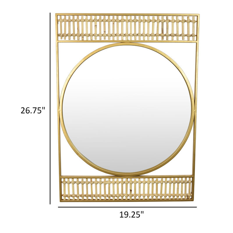 Zine Wall Mirror Decor, Round Glass, Woven Border, 19 x 27 Gold Metal - Benzara