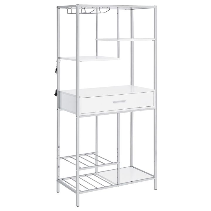 Roa 67 Inch Wine Bar Storage with 5 Shelves, 1 Drawer, White, Chrome Metal - Benzara