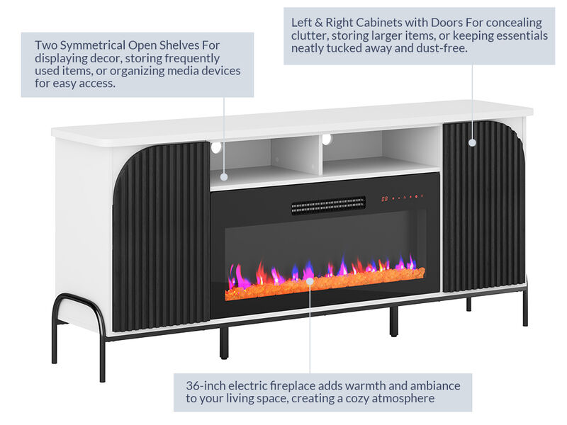 BELLEZE 68 Inch Fluted TV Stands with 36" Electric Fireplace, Modern Fluted Entertainment Center with Open Storage Shelves& Cabinets, Media Console TV Cabinet For Living Room Bedroom (White)