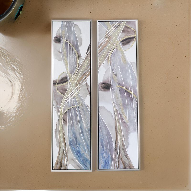 20 x 71 Tall Framed Rectangular Oil Paintings Set of 2, White Abstract - Benzara