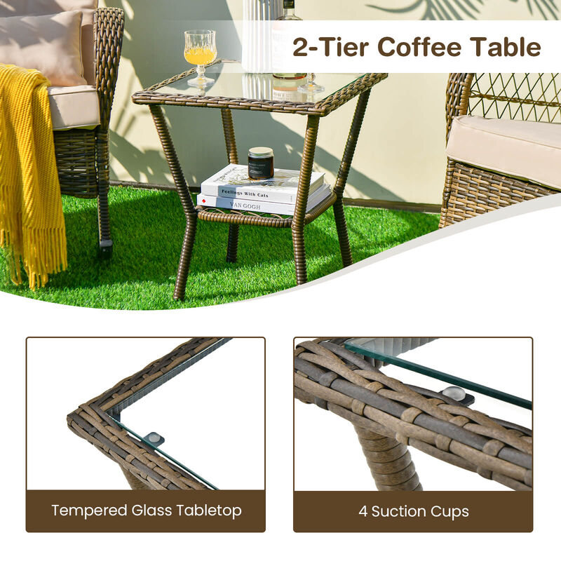 3 Pieces Outdoor Hand-Woven PE Rattan Conversation Set with Tempered Glass Side Table-Beige