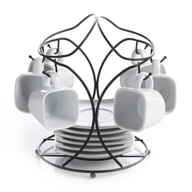Gibson Elite Gracious Dining 13-Piece Porcelain Espresso and Saucer Set with Metal Rack