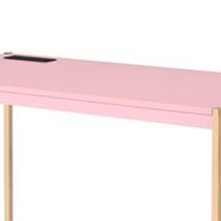 Writing Desk with USB Dock and Metal Legs, Pink and Rose Gold-Benzara