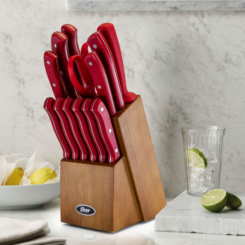 Oster Evansville 14 Piece Stainless Steel Cutlery Set with Red Handles