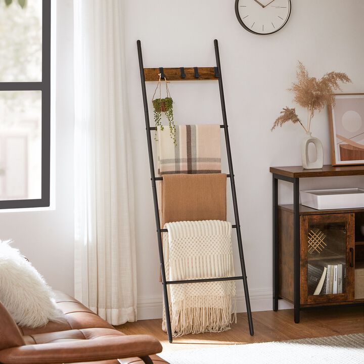 5-Tier Blanket Ladder with Hooks - Rustic Brown and Black, Industrial Metal Frame